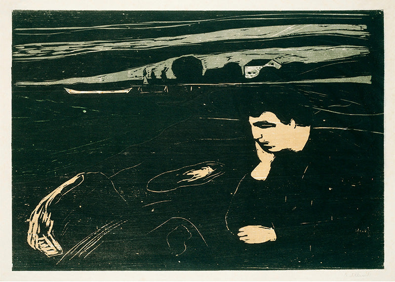 Printet "Melancholy III" fra Posters har et mørkt, stemningsfuldt træsnit af en ensom figur i dybe tanker, med abstrakte linjer, der danner bakker, træer og et hus - hvilket skaber en dyster tone af isolation og introspektion.