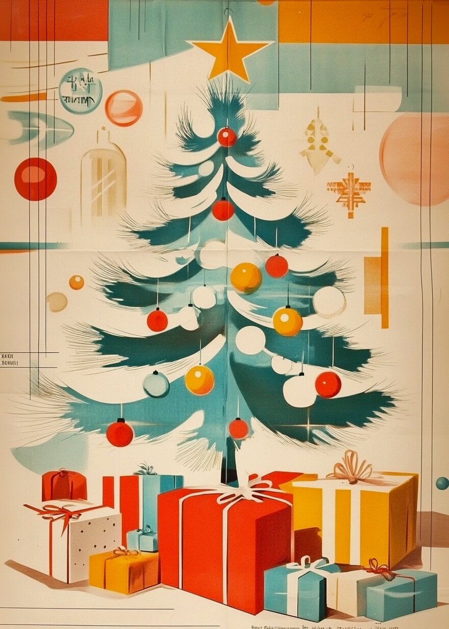 Merry Vintage" fra Posters viser et stiliseret juletræ med røde, gule og hvide ornamenter, en gylden stjerne på toppen og indpakkede gaver nedenunder - det fremkalder klassiske juleplakat-vibes med geometriske juledetaljer i baggrunden.