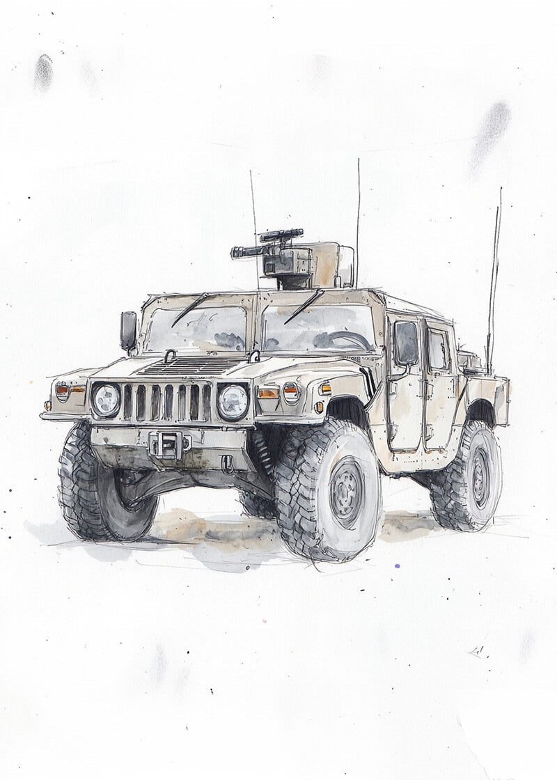 Plakaterne Militærkøretøj akvarel plakat viser en Humvee med store dæk, beige camouflage, tagvåben og lange antenner set forfra til venstre - ideel til teknikentusiaster.