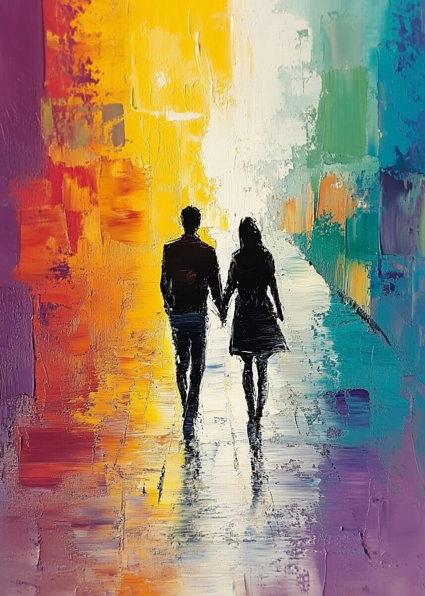 Et par holder hinanden i hånden på en levende, abstrakt sti i "Missing you" af Posters - et romantisk plakat, der er ideelt som parplakat eller plakat soveværelse og tilføjer varme og kærlighed til dit rum.