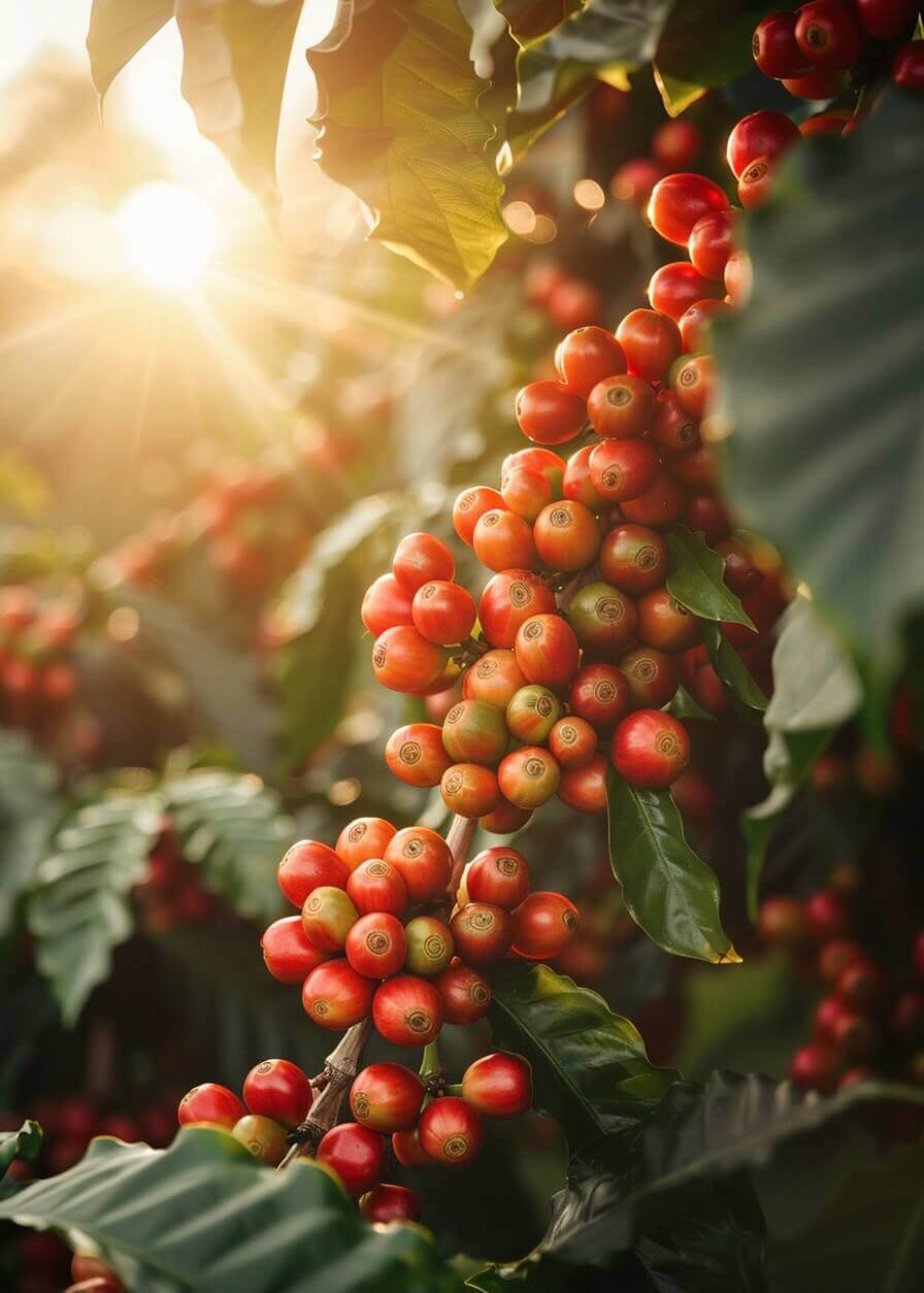 Klynger af modne røde kaffekirsebær og frodige grønne blade lyser op i varmt sollys - en perfekt scene fanget i Morgengry i kaffeplanten plakat fra Posters.