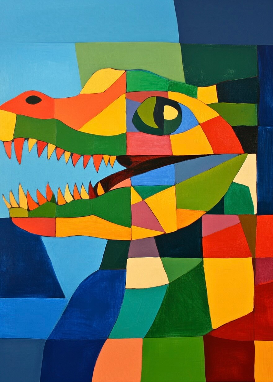 Mosaik krokodille fra Posters er en farverig, geometrisk plakat med et krokodillehoved i dristige, kantede former og klare nuancer-perfekt til fans af moderne kunst og kubistisk design.