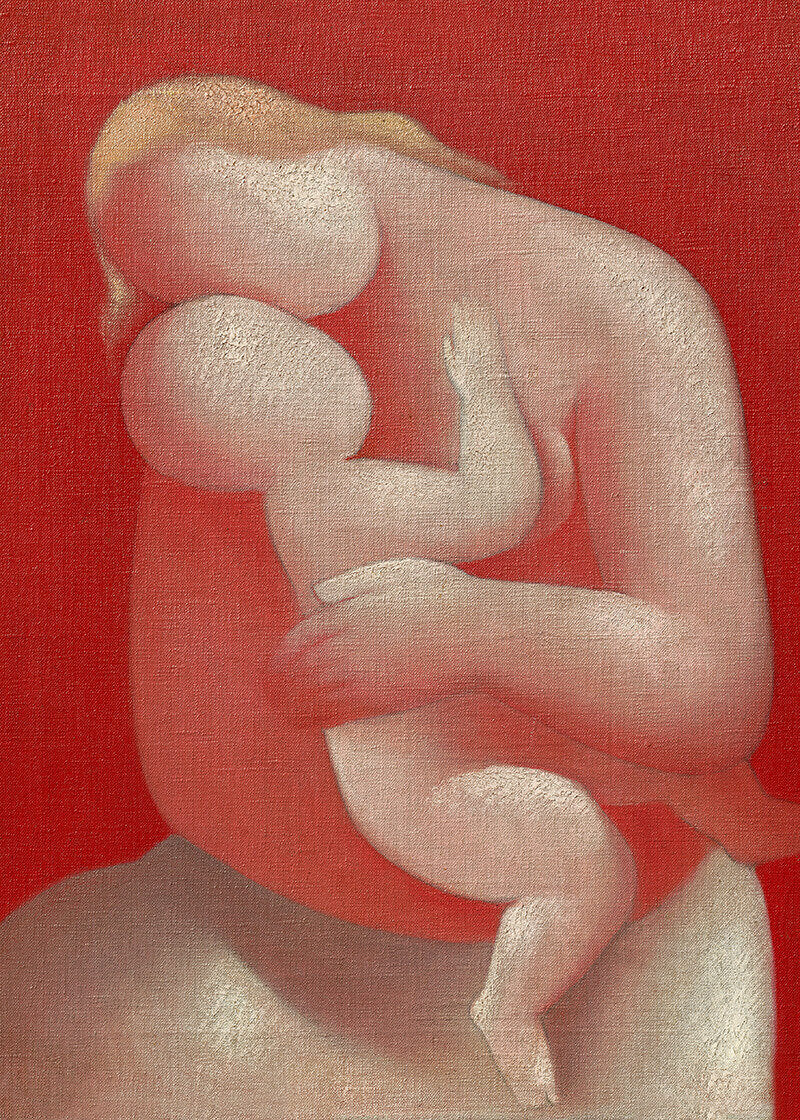 Et stiliseret plakatmaleri, "Mother (Pink Madonna) (1933)" af Posters, viser en nøgen voksen, der omfavner et barn på en levende rød baggrund, og bruger glatte, afrundede former og minimale træk til at fremkalde varme, intimitet og moderne moderskab.