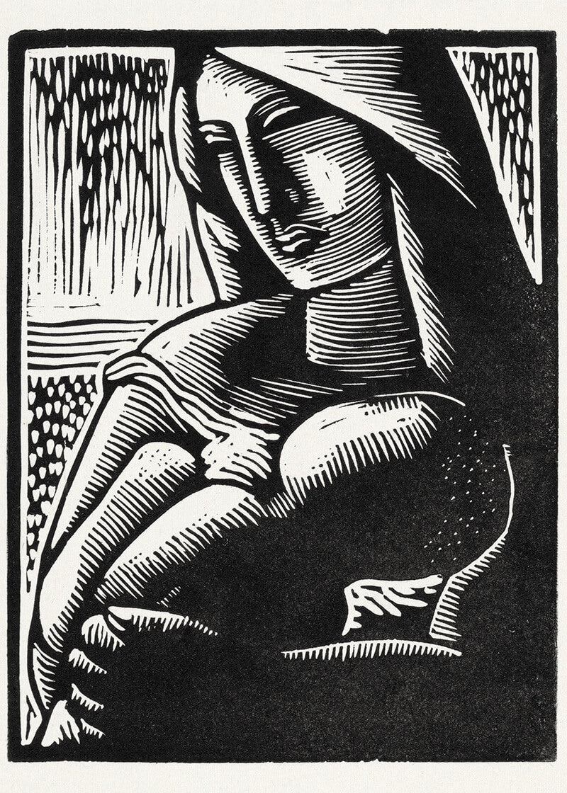 Mother by Mikuláš Galanda" fra Posters-sort og hvid træsnit-plakat af en fredfyldt kvinde, der holder et barn og fremkalder ømhed. Minimalistisk, abstrakt tekstureret baggrund giver kunstnerisk dybde.