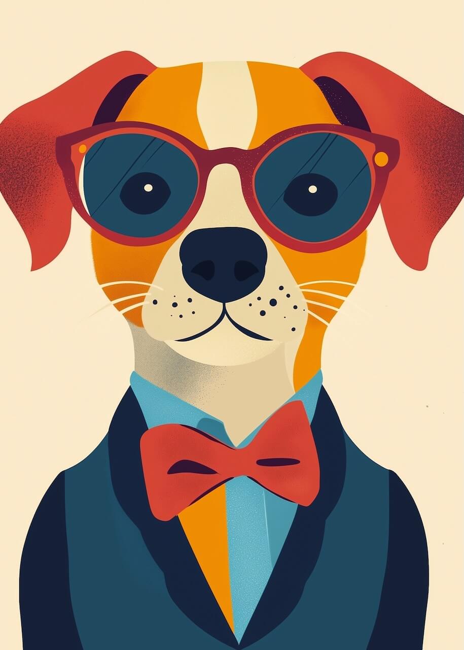 Mr. Important by Posters viser en plakat hund med røde solbriller, rød butterfly og habitjakke med et selvsikkert udtryk på en almindelig lys baggrund - ideel til moderne indretning eller som en sjov plakat, der giver karakter til ethvert rum.