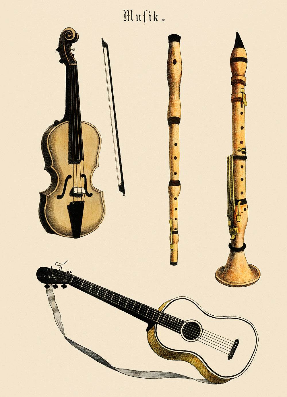Posters' Musik har en vintage-illustration af musikinstrumenter: violin med bue, blokfløjte, klarinet og akustisk guitar med rem, alle mærket "Musik" øverst.