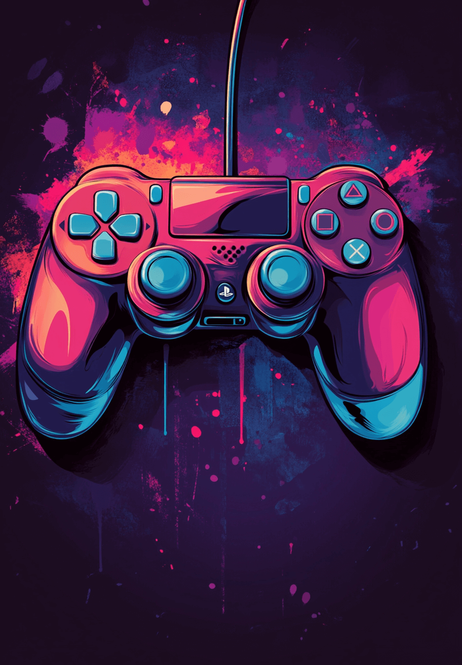 Neon Controller by Posters har en levende plakatillustration af en videospilcontroller i neonpink og -blå på en mørk baggrund med farverige malingsstænk.