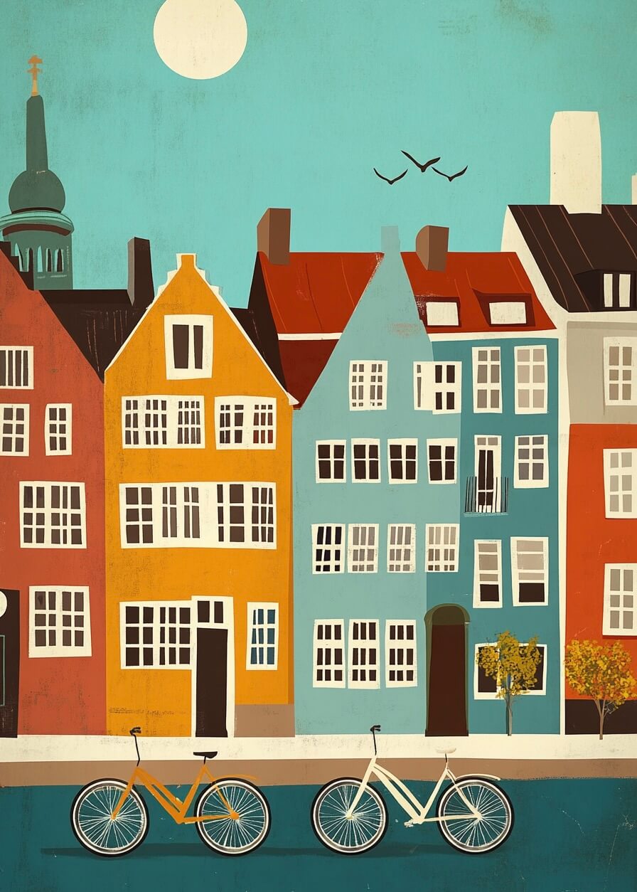 Dette flade, farverige print er inspireret af plakaten "Nyhavn på en mandag" fra Posters og viser rækkehuse med høje vinduer, to cykler foran og grønne træer langs en livlig gade under en klar blå himmel.