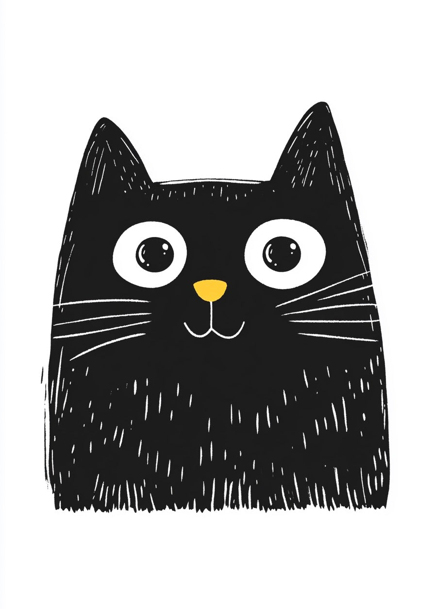 Nysgerrig kat fra plakater: En minimalistisk illustration af en kat med store, runde øjne, gul næse og hvide knurhår på hvid baggrund - perfekt til børneværelset.