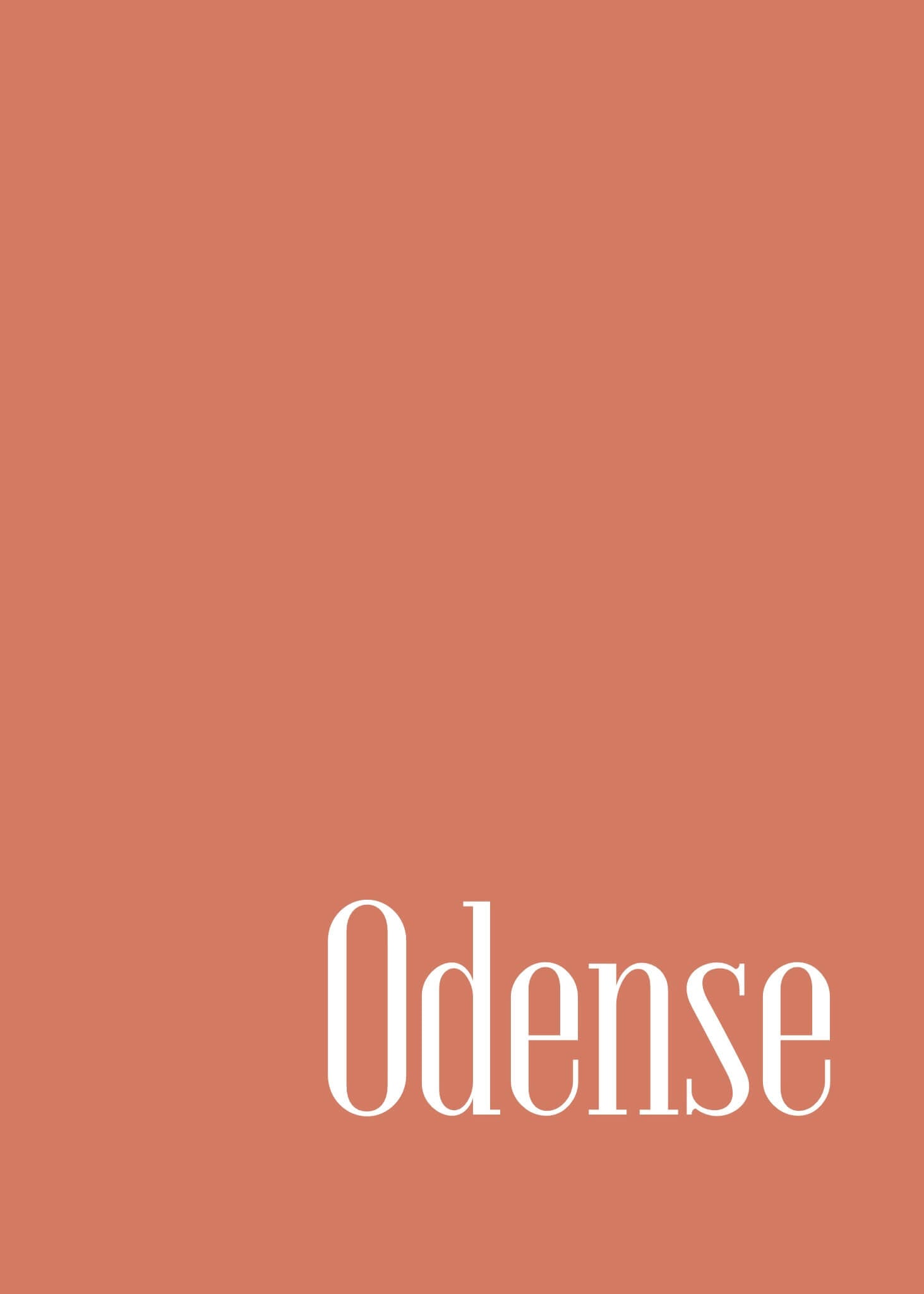 Lys rødbrun baggrund med "Odense" i stor hvid serifskrift nederst til højre, hvilket skaber en eventyrlig atmosfære, der er ideel til jordnær indretning med Odense byplakat fra Posters.