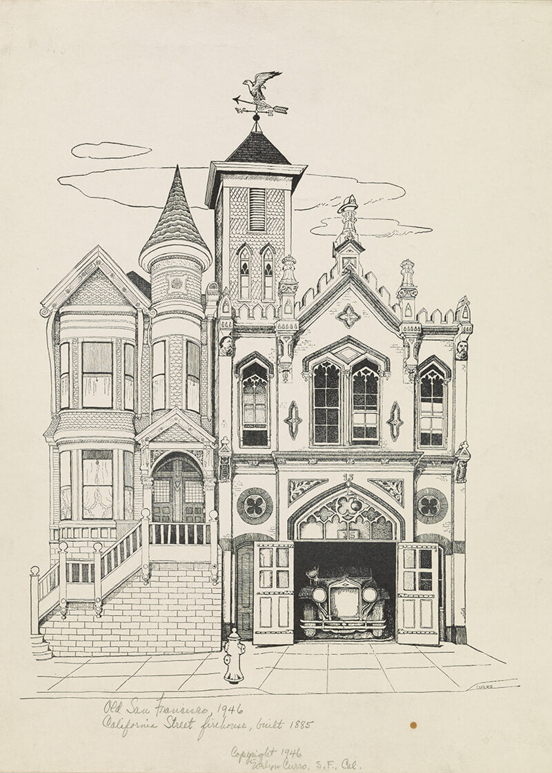 Posters' "Old San Francisco 1946, California Street" viser to udsmykkede victorianske bygninger med et tårn, gotiske detaljer, buede vinduer og en åben garage, der huser en veteranbil.