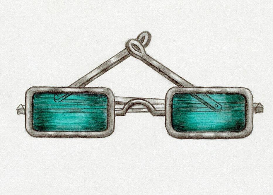 Et par Oldschool-briller fra Posters med rektangulÊrt sÞlvfarvet metalstel og blÄgrÞnt glas, illustreret i en minimalistisk hÄndtegnet plakatstil pÄ en almindelig hvid baggrund.