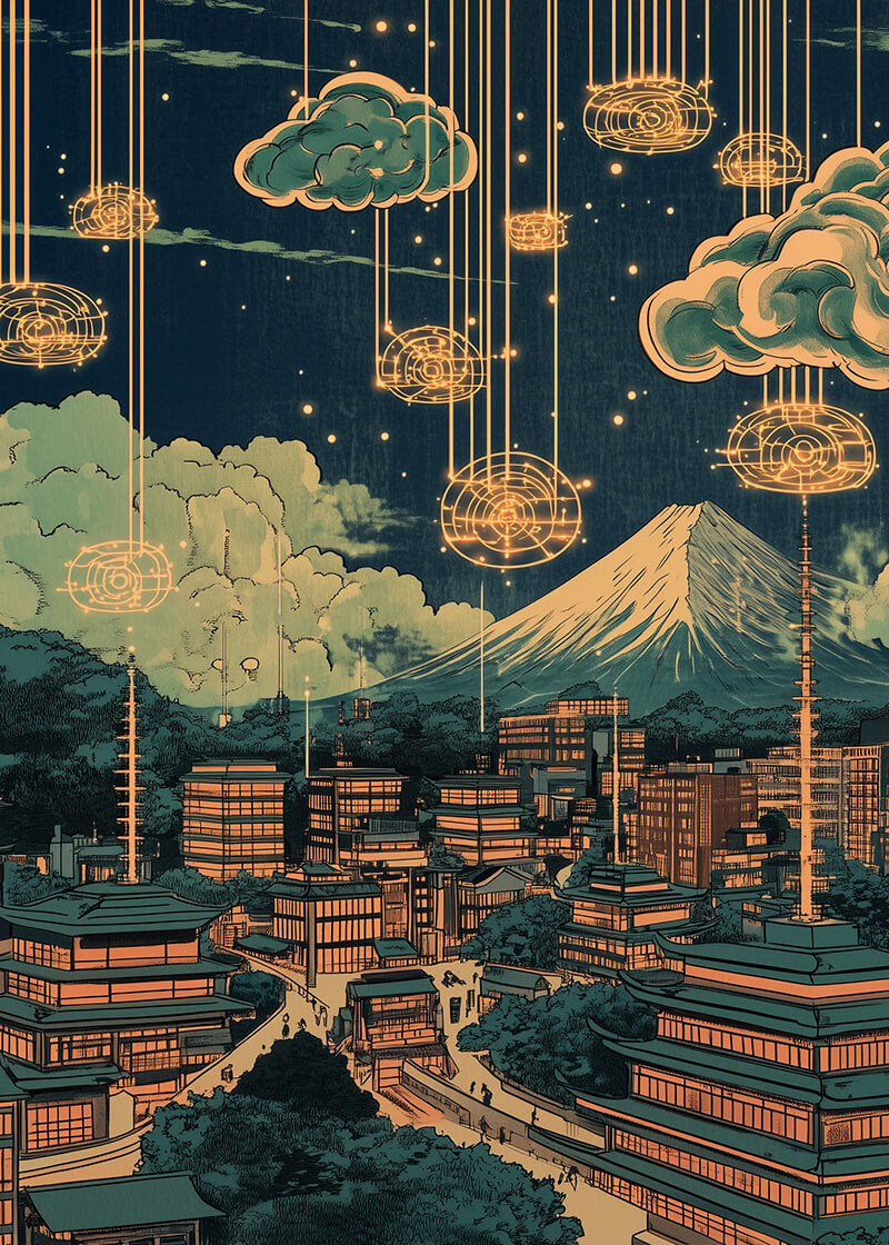Op I Skyen by Posters er et stiliseret bybillede med traditionel japansk arkitektur om natten, glødende skyer, digitale linjer på himlen og et stort bjerg i baggrunden, der blander futuristiske og klassiske detaljer.
