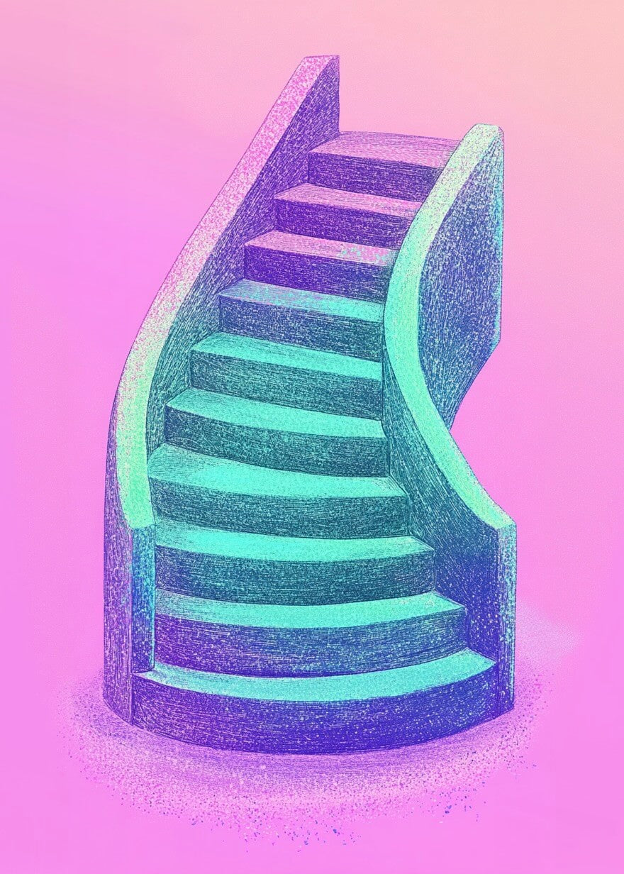 Opstigning" af Posters er en surrealistisk plakat af en buet trappe med blågrønne trin og gelændere mod en pink-lilla gradient, der skaber et drømmende, abstrakt look - perfekt til fans af pastelkunst.