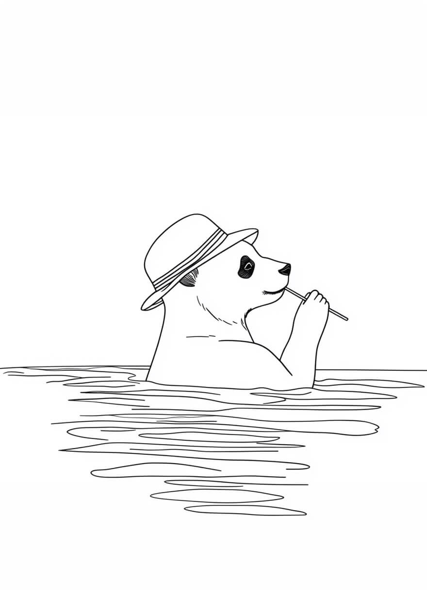 Panda poolparty-trykket fra Posters har en enkel sort-hvid stregtegning af en panda med hat, der slapper af i vandet og nipper til en drink - perfekt til at tilføje en afslappet stemning til et børneværelse.