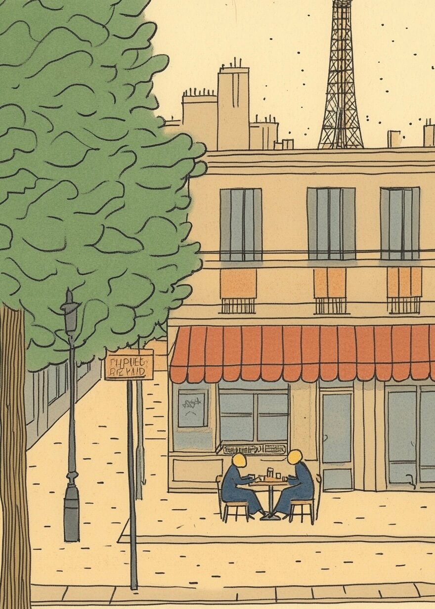 Plakaten "Parisisk café" fra Posters forestiller to personer på en parisisk café med Eiffeltårnet, klassiske bygninger og træer under en beige himmel - og indfanger ægte fransk elegance på din væg.