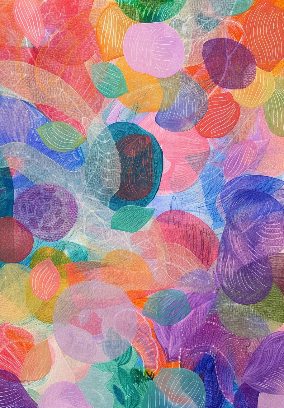 Pasteldrømme by Posters er et farverigt abstrakt maleri med overlappende gennemskinnelige rosa, lilla, orange, grønne og blå former samt hvide og mørke linjer med bladlignende detaljer - et farverigt plakat til energifyldt kunst i ethvert rum.