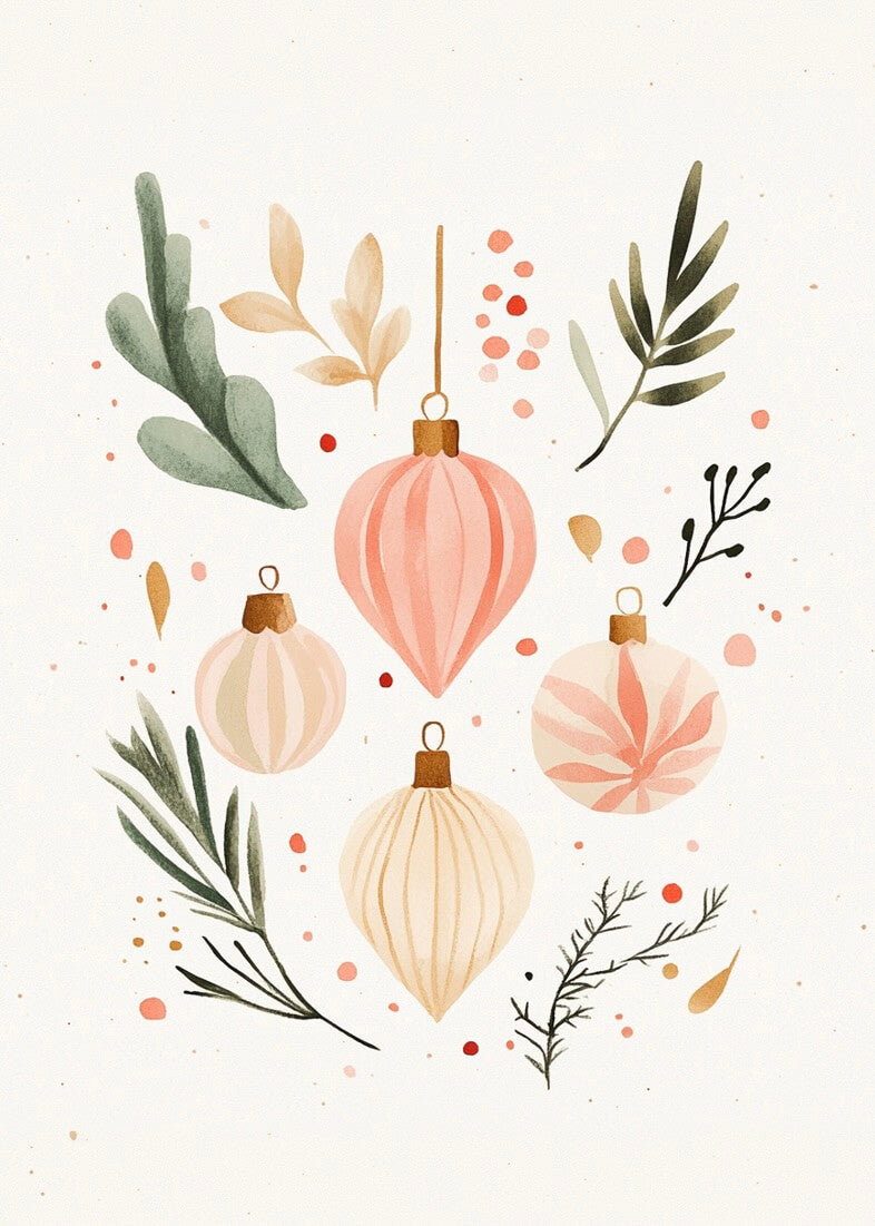 Pastelfarvede julekugler i vinterens farver fra Posters: Moderne plakat med pink og beige julekugler, grønne og gyldne blade samt fine prikker på lys baggrund - perfekt til en elegant julestemning.