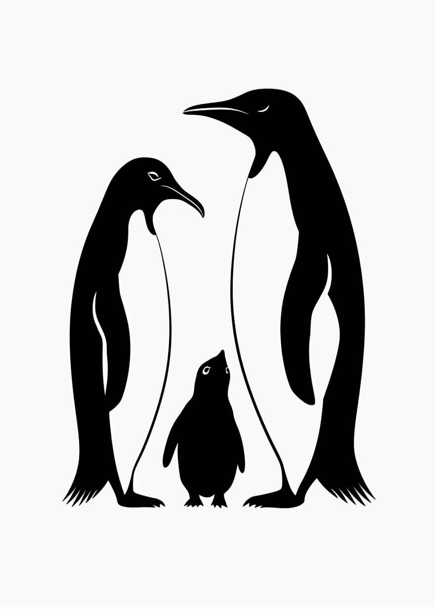 Plakaten "Pingvinfamilien" fra Posters har et minimalistisk sort-hvidt design af to voksne pingviner med en unge, der alle står over for hinanden på en hvid baggrund - perfekt til ethvert børneværelse.