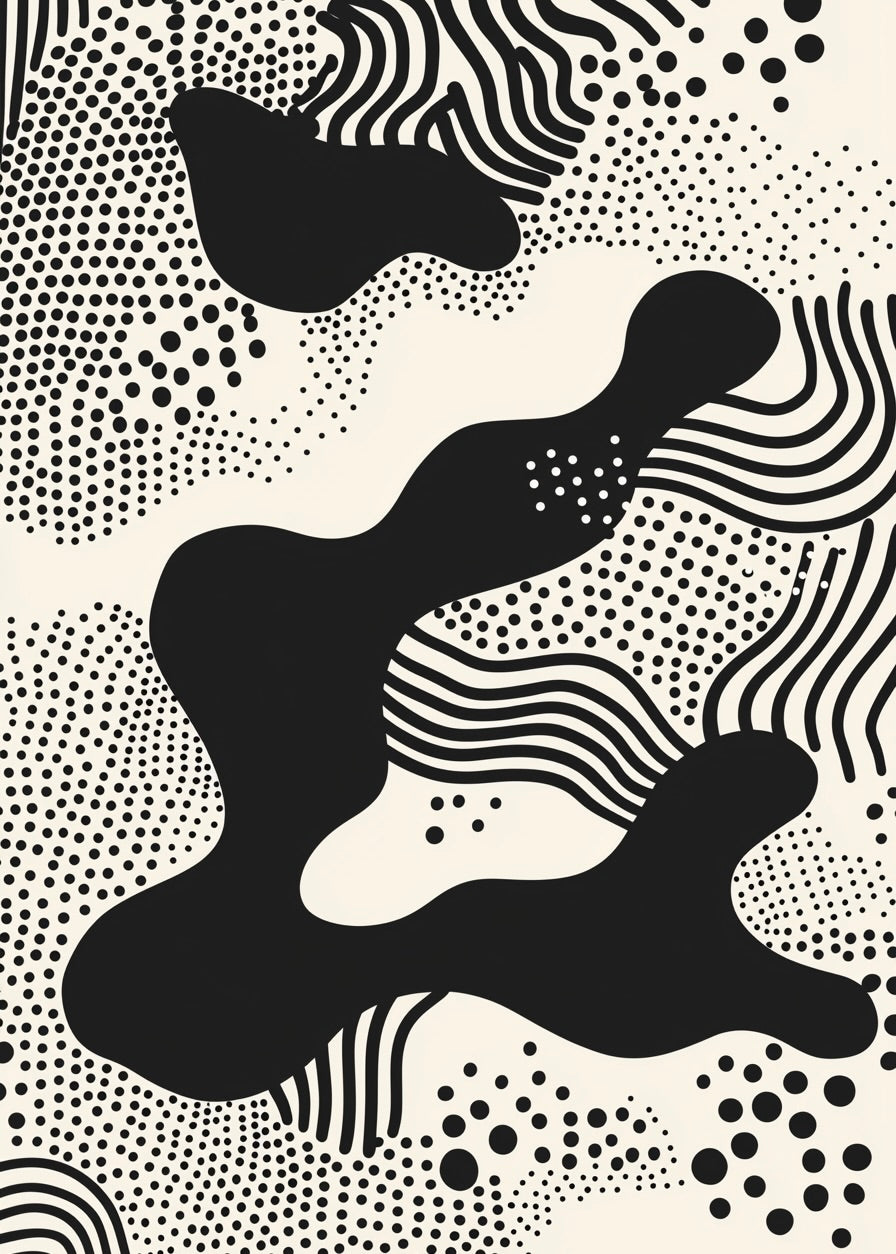 Prikkernes Fantasifulde Verden by Posters har abstrakte sorte former, prikker og bølgelinjer på en cremefarvet baggrund, der indfanger abstrakt kunst i et moderne og dynamisk visuelt udtryk.