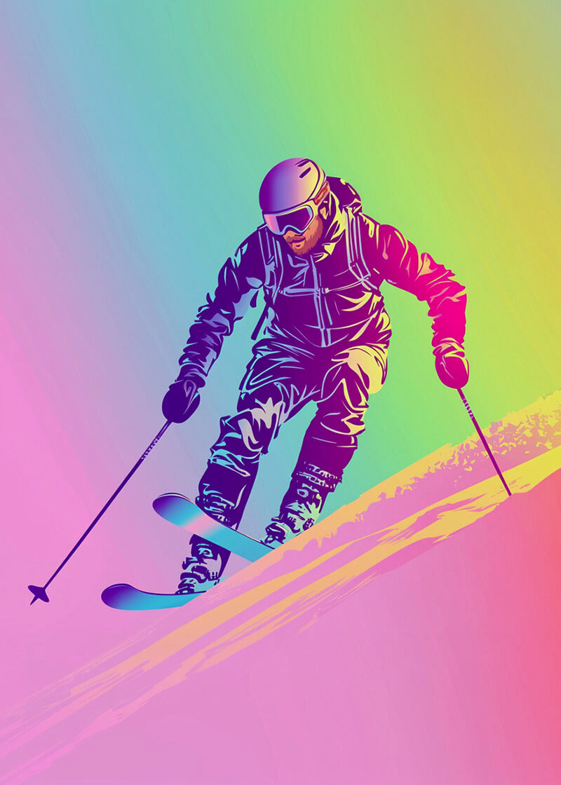 The "Psykadelisk skitur" plakat fra Posters viser en skiløber i fuldt udstyr, der glider ned ad bakke foran en livlig, psykedelisk farvegradient-et kunstnerisk og iøjnefaldende vægkunstværk.