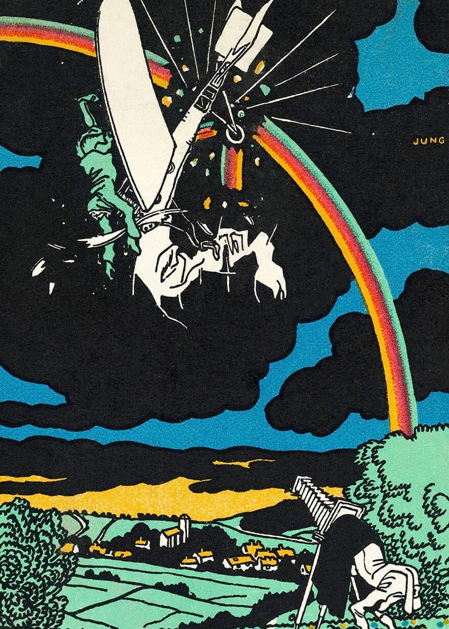 Plakaten "Rainbow Obstacle" viser en surrealistisk scene i plakatstil: En regnbue hvælver sig over marker og huse, mens en figur kastes på hovedet fra en flyvende maskine, observeret af en anden, der holder et stort kamera i forgrunden.