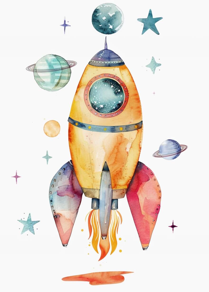 Raketten letter" fra Posters er en farverig akvarelillustration af en raket, der letter blandt planeter og stjerner på hvid baggrund-ideel som plakat til at lyse op i ethvert børneværelse og inspirere til rumtema-eventyr.