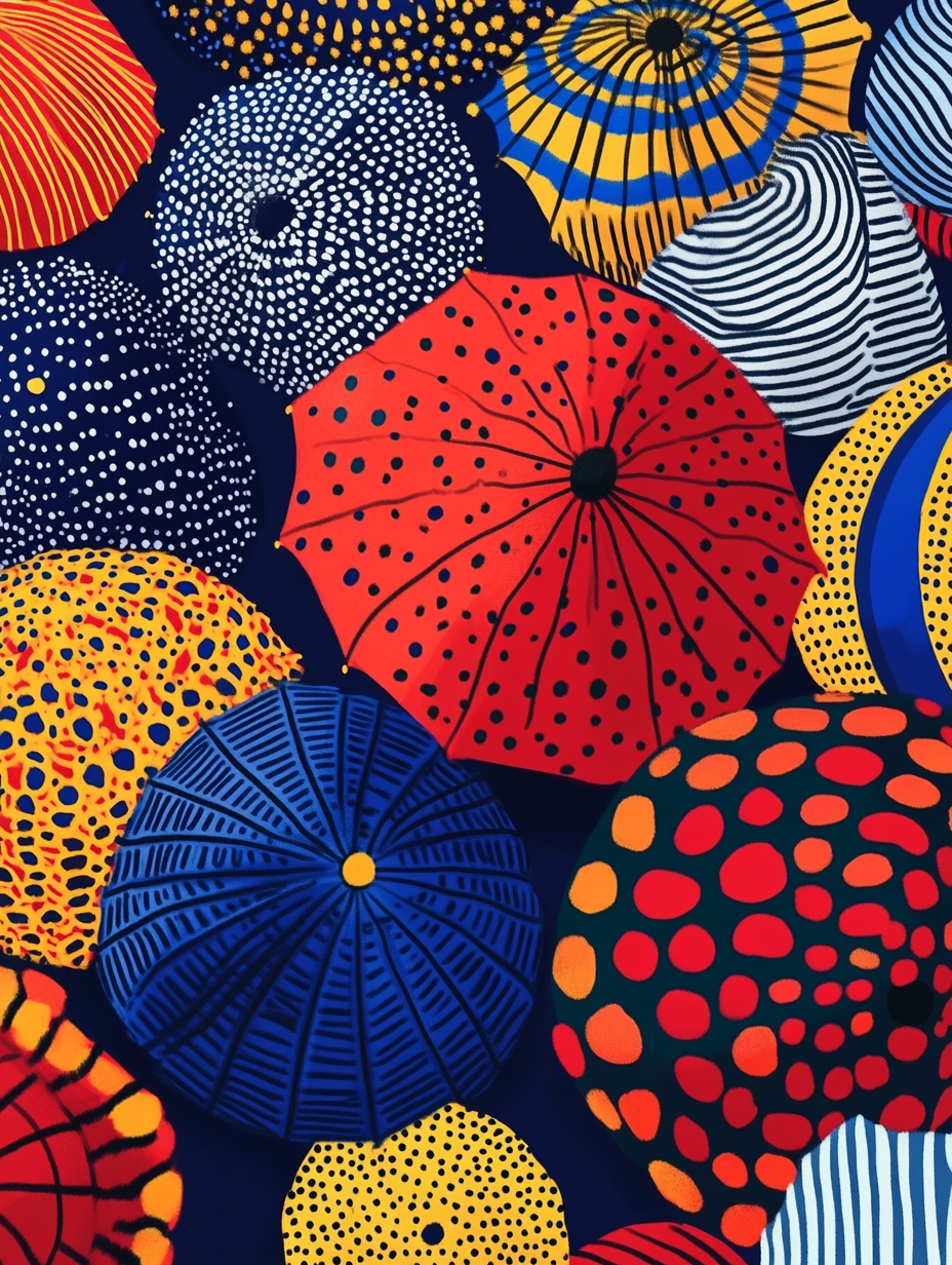 Luftfoto af prikkede og stribede paraplyer i rød, blå, gul, hvid og sort på en mørk baggrund-Regnvejrsdag i november fra Posters er en farverig plakat til stuen for et levende boliginteriør.