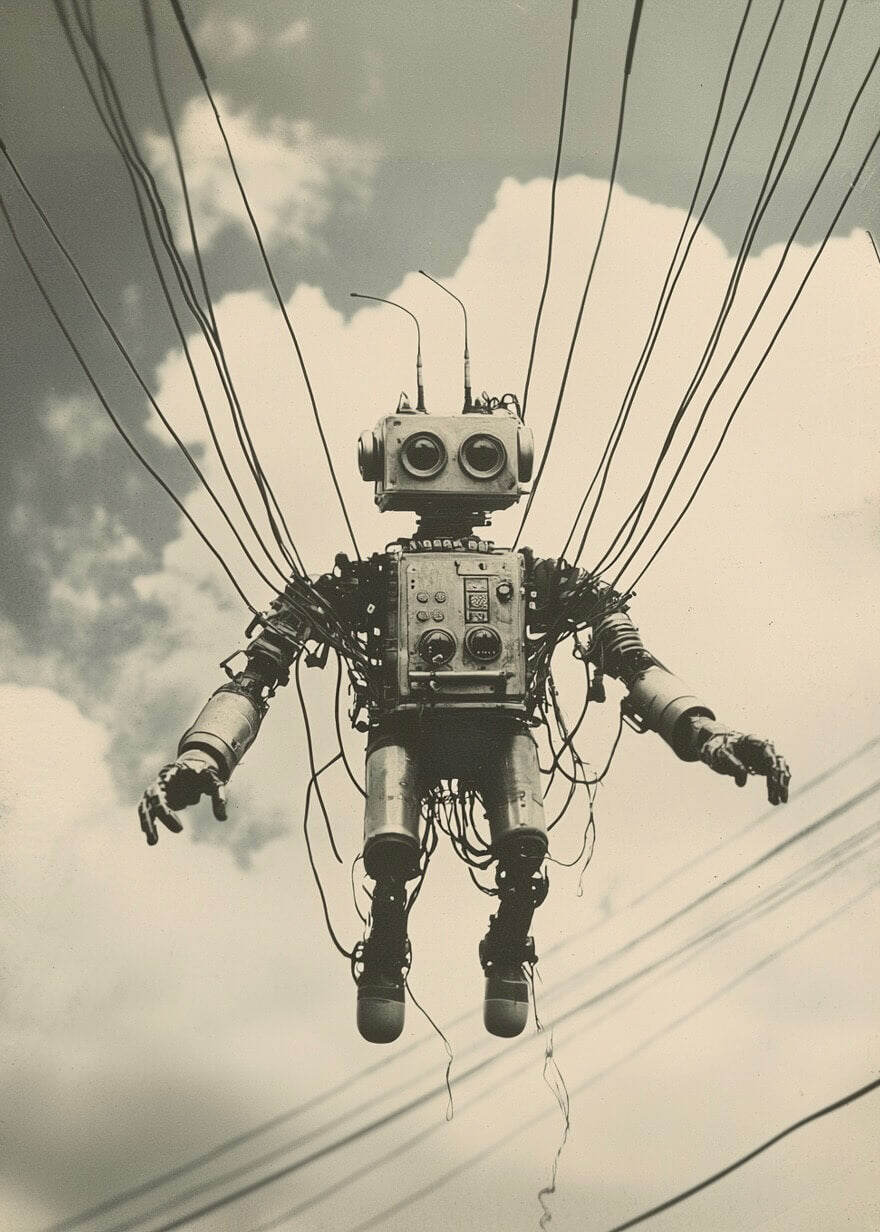 Posters' "Robot i telefonledninger"-plakat viser en retro-robot, der hænger i ledninger mod en skyet himmel, hvilket skaber et surrealistisk kunstudtryk.
