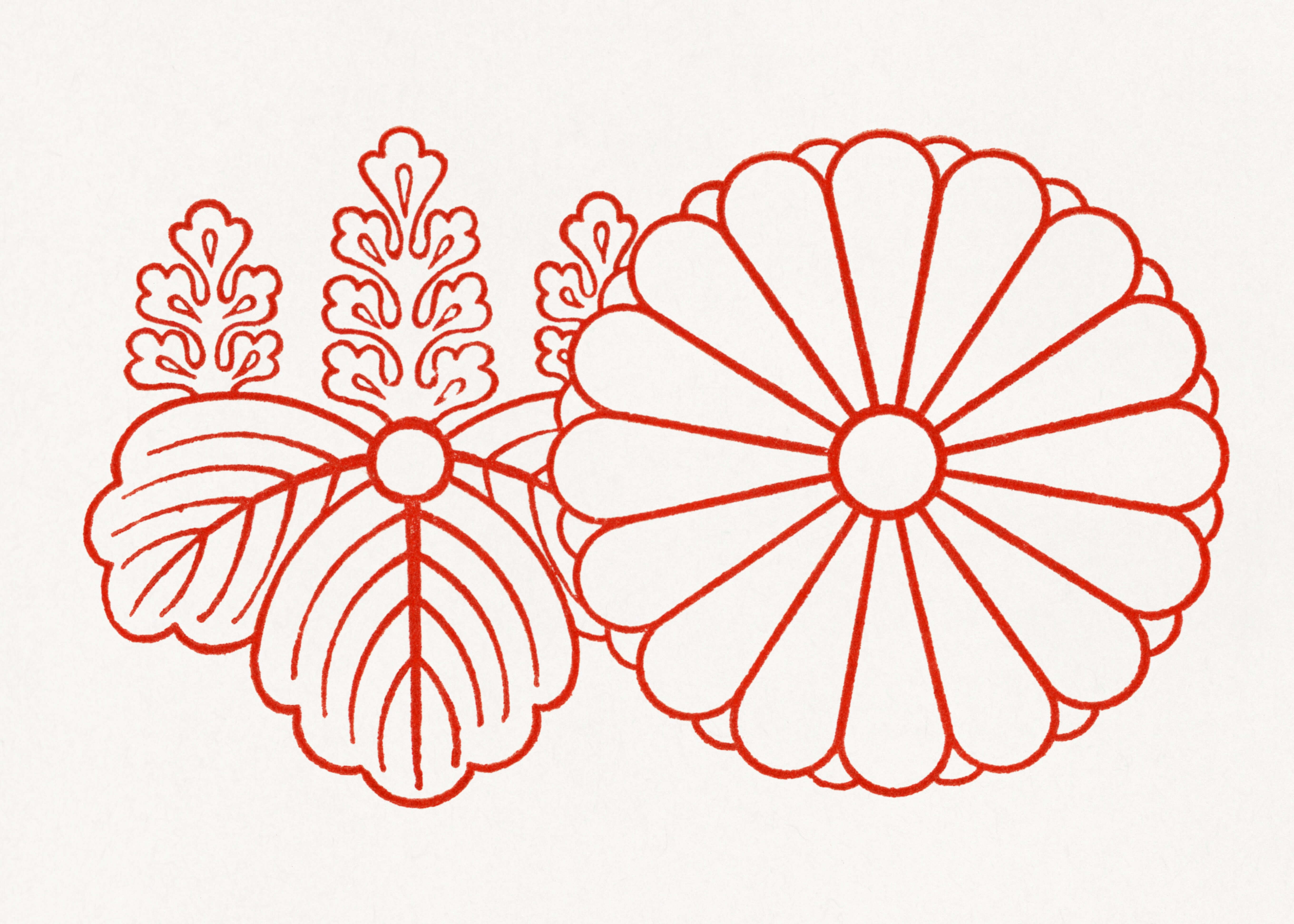 Rød stregillustration af en stiliseret krysantemum og to mønstrede blade på hvid - et slående Rød japansk blomst plakat fra Posters, der er ideelt til at give din hjemmedekoration moderne flair.