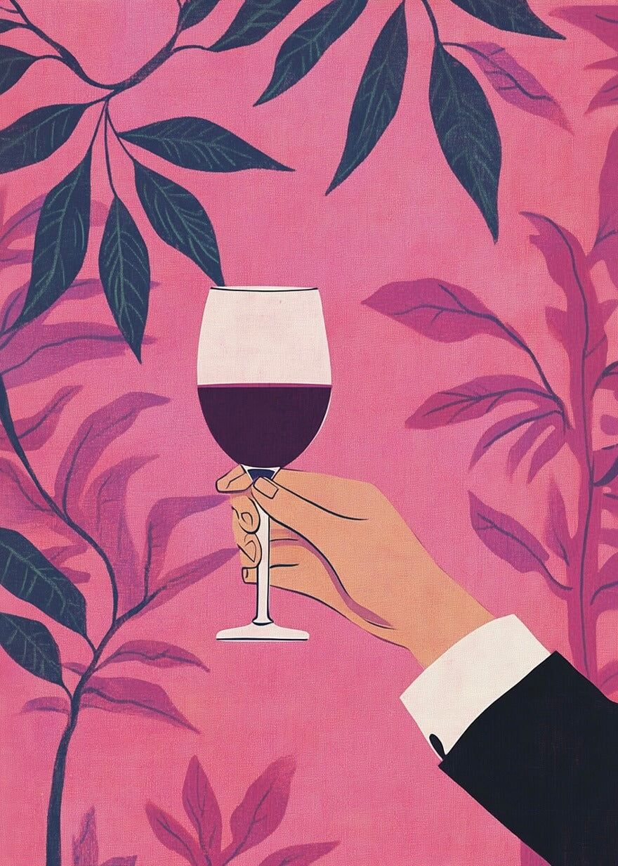 En illustreret hånd i jakkesæt holder et glas rødvin mod en lyserød baggrund med bladdesign - en stilfuld Rødvinsaften plakat by Posters, perfekt kunst til køkkenet eller til at skabe hygge i dit hjem.