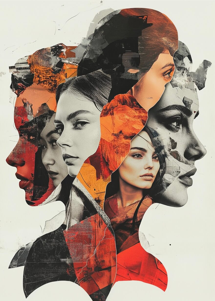 Den kunstneriske plakat "Rollemodeller" fra Posters viser stærke kvinder i digitale collager med overlappende ansigter, profil og front, forenet af realistiske portrætter og abstrakte farver i sort, hvid, orange og rød på lys baggrund.