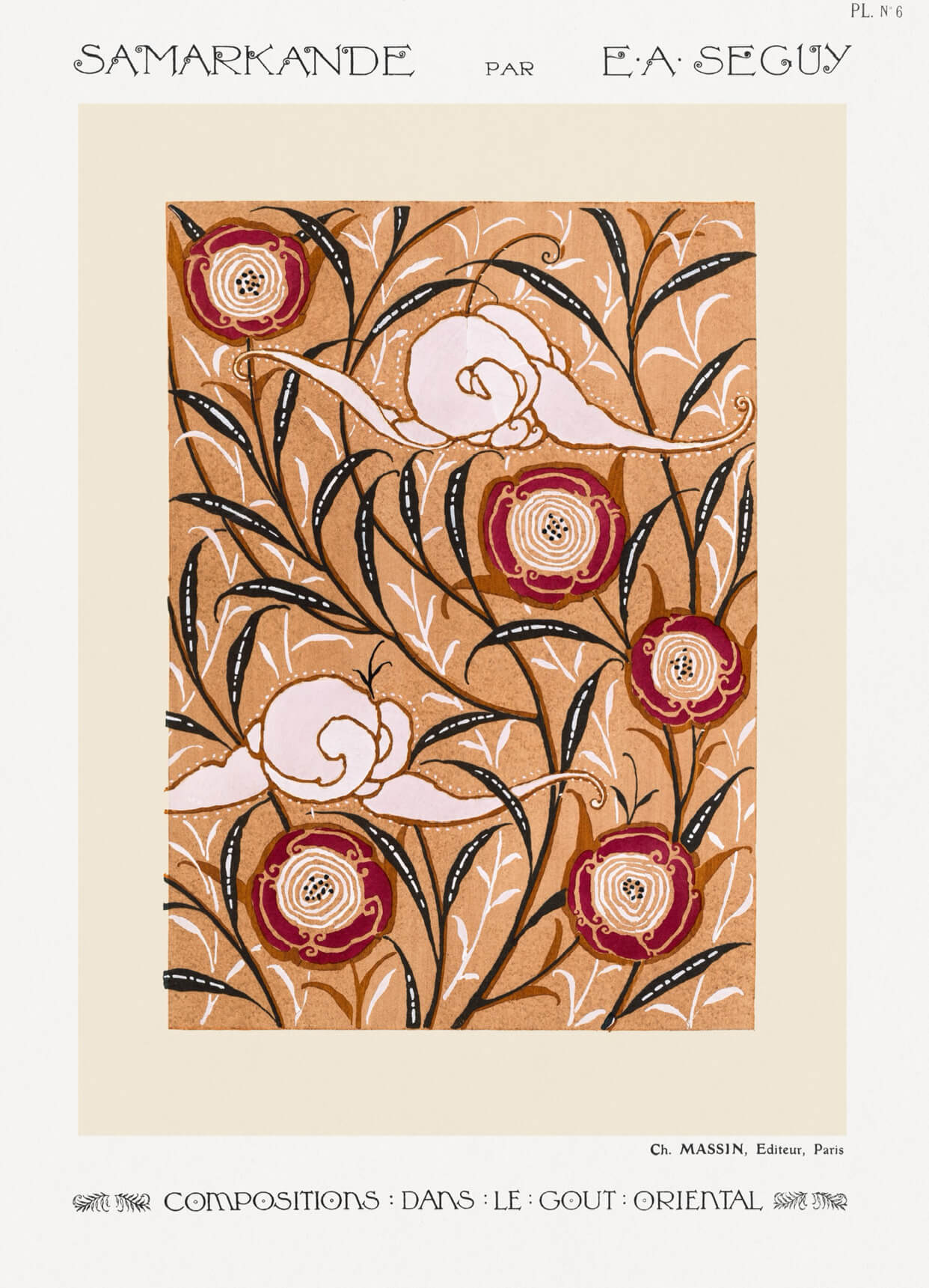 Posters' Rosa blomsterprint fra 1915 viser stiliserede røde og hvide art nouveau-blomster med hvirvlende stængler på en solbrun baggrund, indrammet af dekorativ fransk tekst.