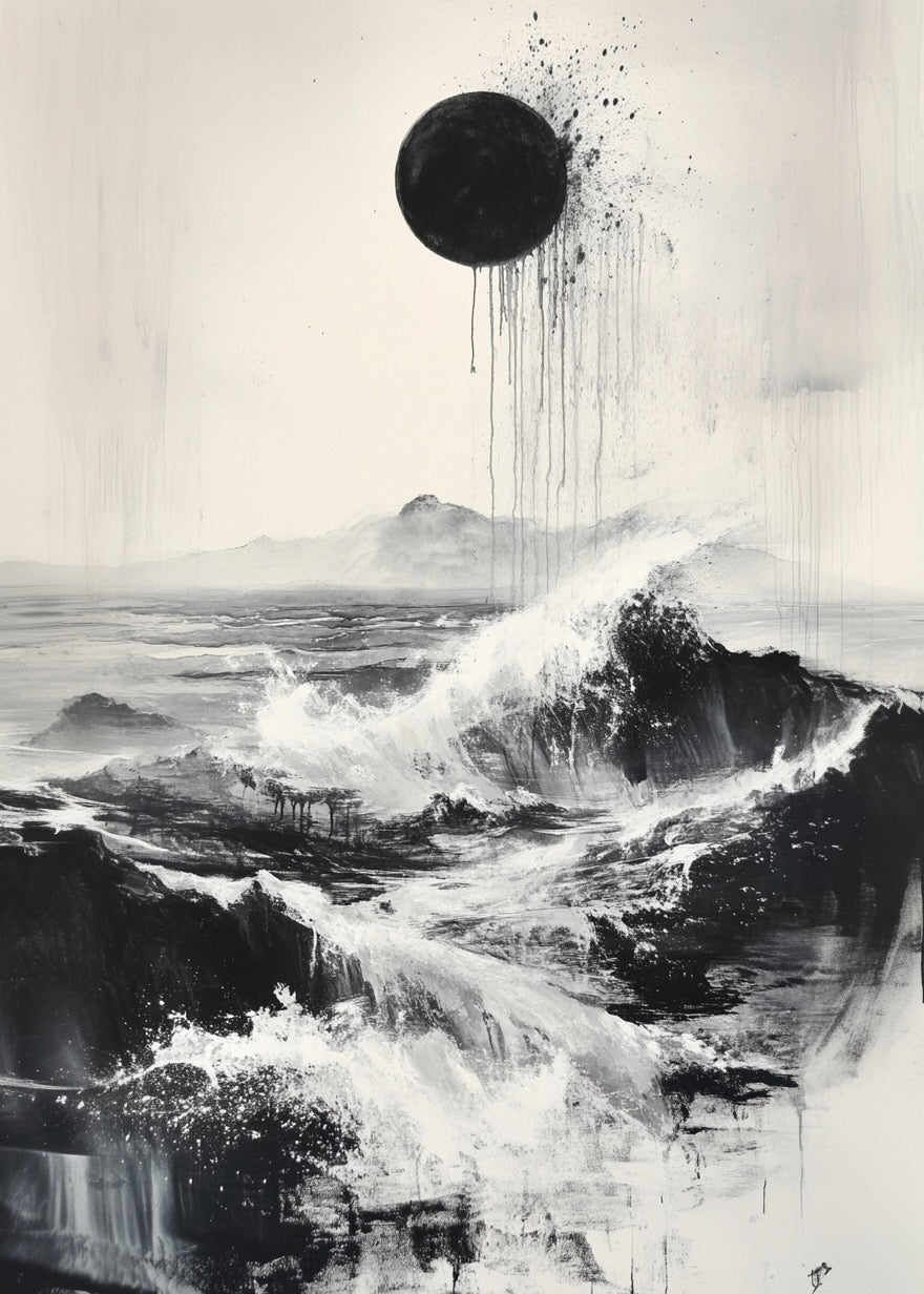 Posters' "Ruskende bølger over Japan" er en sort-hvid plakat med surrealistiske havbølger under en mørk, dryppende sol og fjerne bjerge - ideel til dramatisk vægkunst eller minimalistisk indretning.