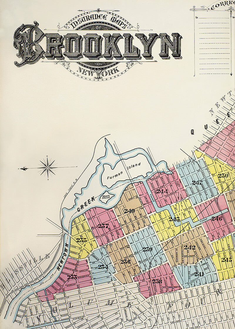 Sanborn Fire Insurance Map fra Brooklyn by Posters viser et historisk kort med udsmykkede bogstaver, farverige gader i pink, gul og blå og etiketter som Creek og Furman's Island - ideelt som unik vægdekoration.