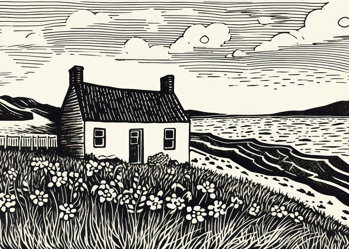 Sort-hvid illustration af en lille hytte med skorsten ved havet, inspireret af skotsk husarkitektur, fra Posters; hytten er omgivet af vilde blomster, græsklædte bakker, skyer og et fjernt hegn til venstre.
