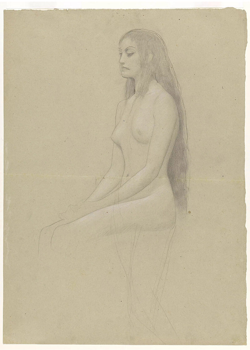 Seated Female Nude with Long Loose Hair to the Left