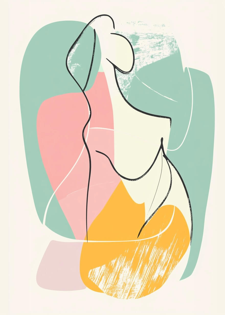 Serenity fra Posters: En minimalistisk plakat af en siddende figur i sorte linjer på pastelgrønne, pink, gule og creme nuancer. Skab et moderne og afslappet rum med dette FSC-certificerede valg til din indretning.