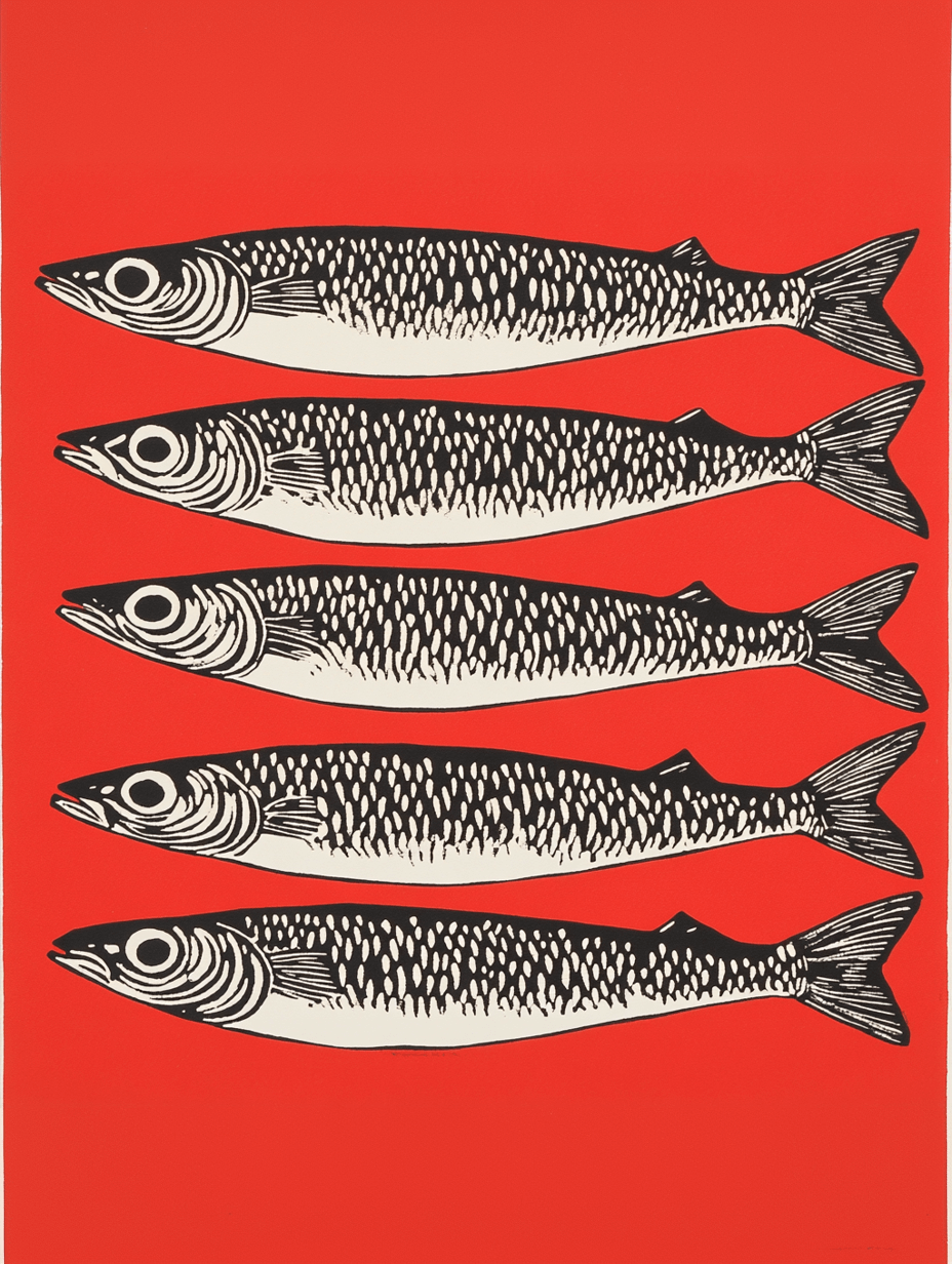 Sild på stribe" af Posters viser fem sort-hvide fisk på rad og række på en levende rød baggrund. Det minimalistiske design og de dristige grafiske mønstre er inspireret af moderne kunst og grafisk stil.