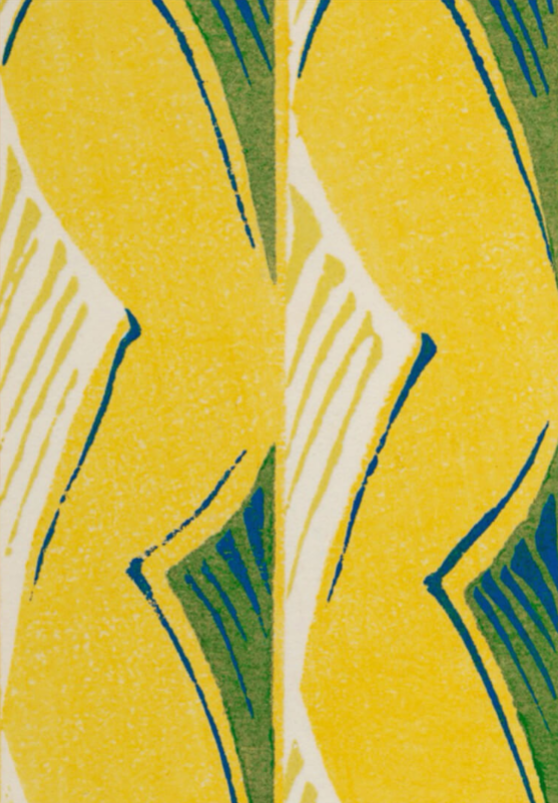 Gult og grønt mønster by Posters har et dristigt abstrakt design med gule former, grønne og blå accenter og krydsende hvide kurver og diagonaler, der giver et levende geometrisk look.