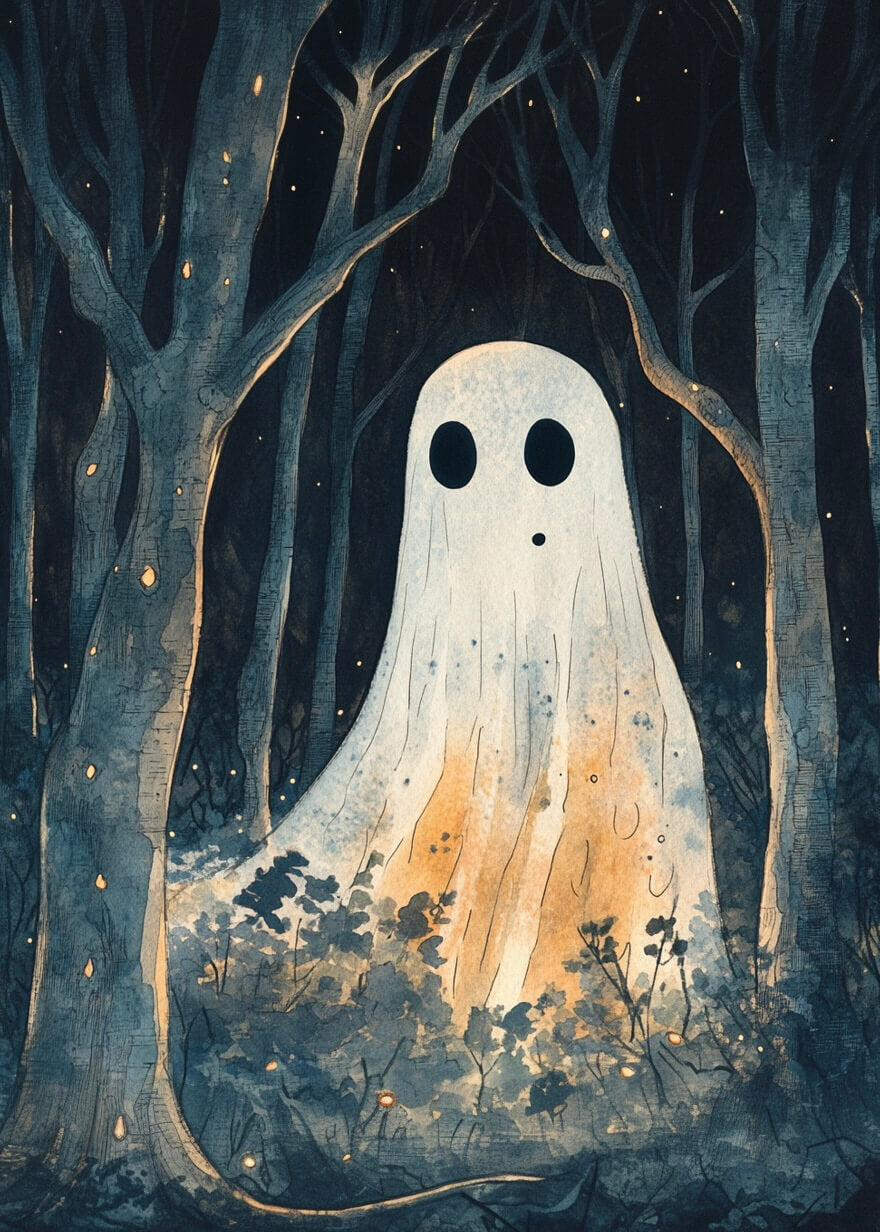 Et lysende spøgelse med sorte øjne og mund, draperet i hvidt, står i en mørk skov med ildfluer - Skovspøgelset spøgelse plakat by Posters, perfekt til din halloween-plakatsamling.