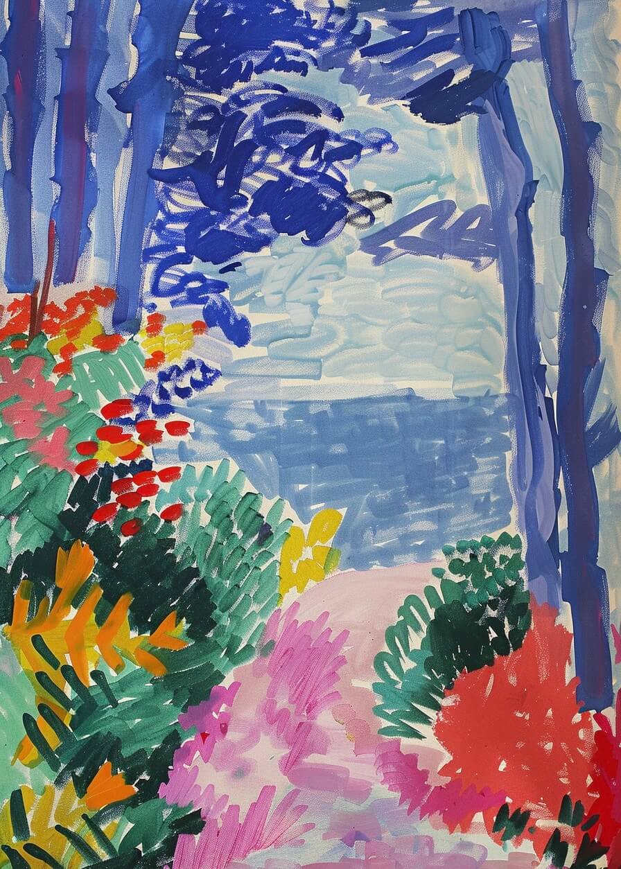 Skovstien - Matisse Style" af Posters er en levende plakat med en farverig sti omgivet af frodige røde, grønne, gule og lyserøde planter, der fører til blåt vand indrammet af høje blå træer under en lys himmel.