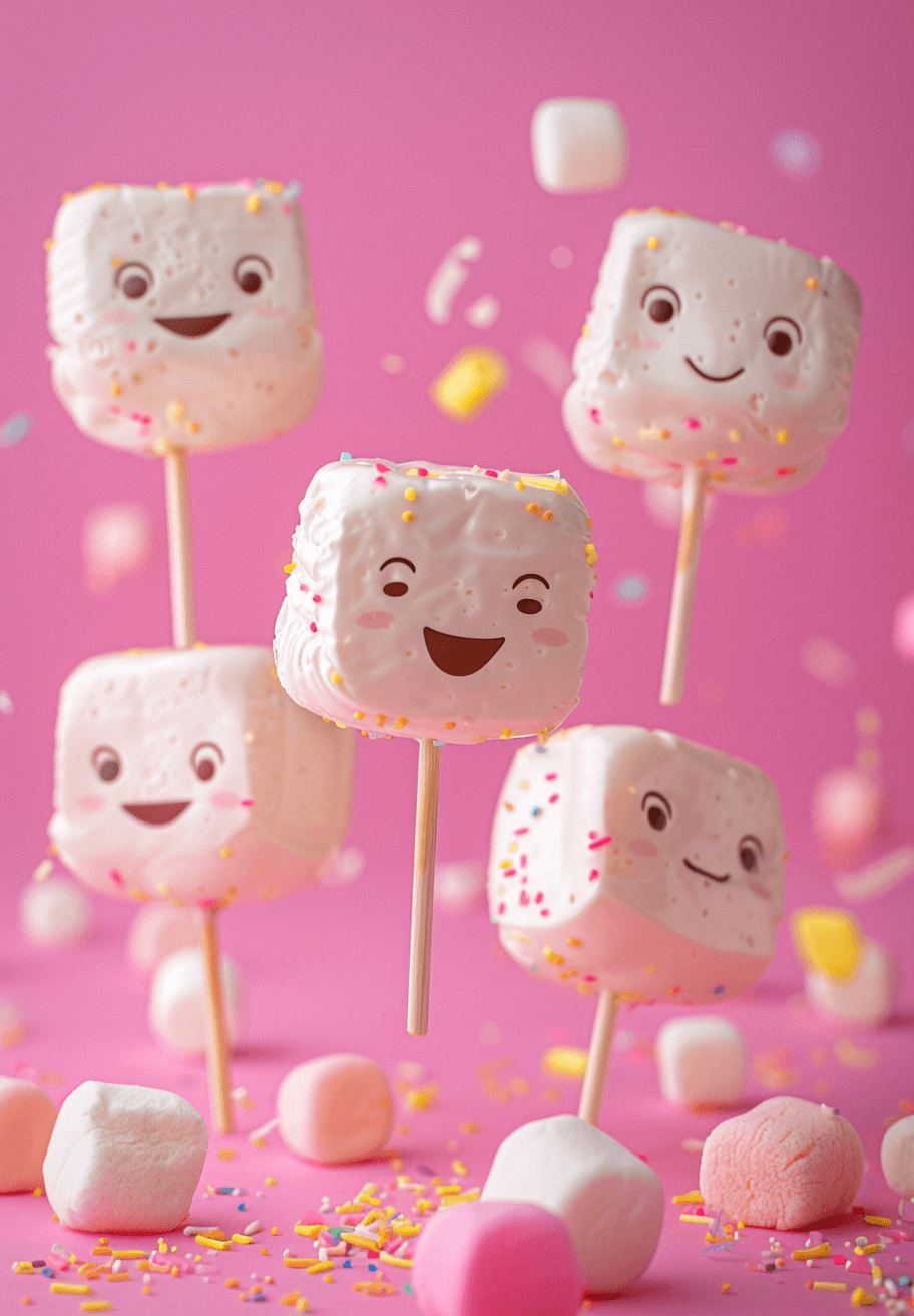 Skumfidus-festplakaten fra Posters viser skumfiduser på pinde med søde ansigter og farverigt krymmel på en lyserød baggrund - en yndig dekoration til dem, der elsker søde sager.