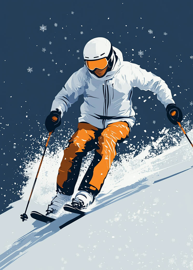 En skiløber i hvidt og orange udstyr suser ned ad en snedækket skråning, mens pudderet flyver under en mørkeblå himmel - perfekt indfanget i "Slalomskienes magt" af Posters.
