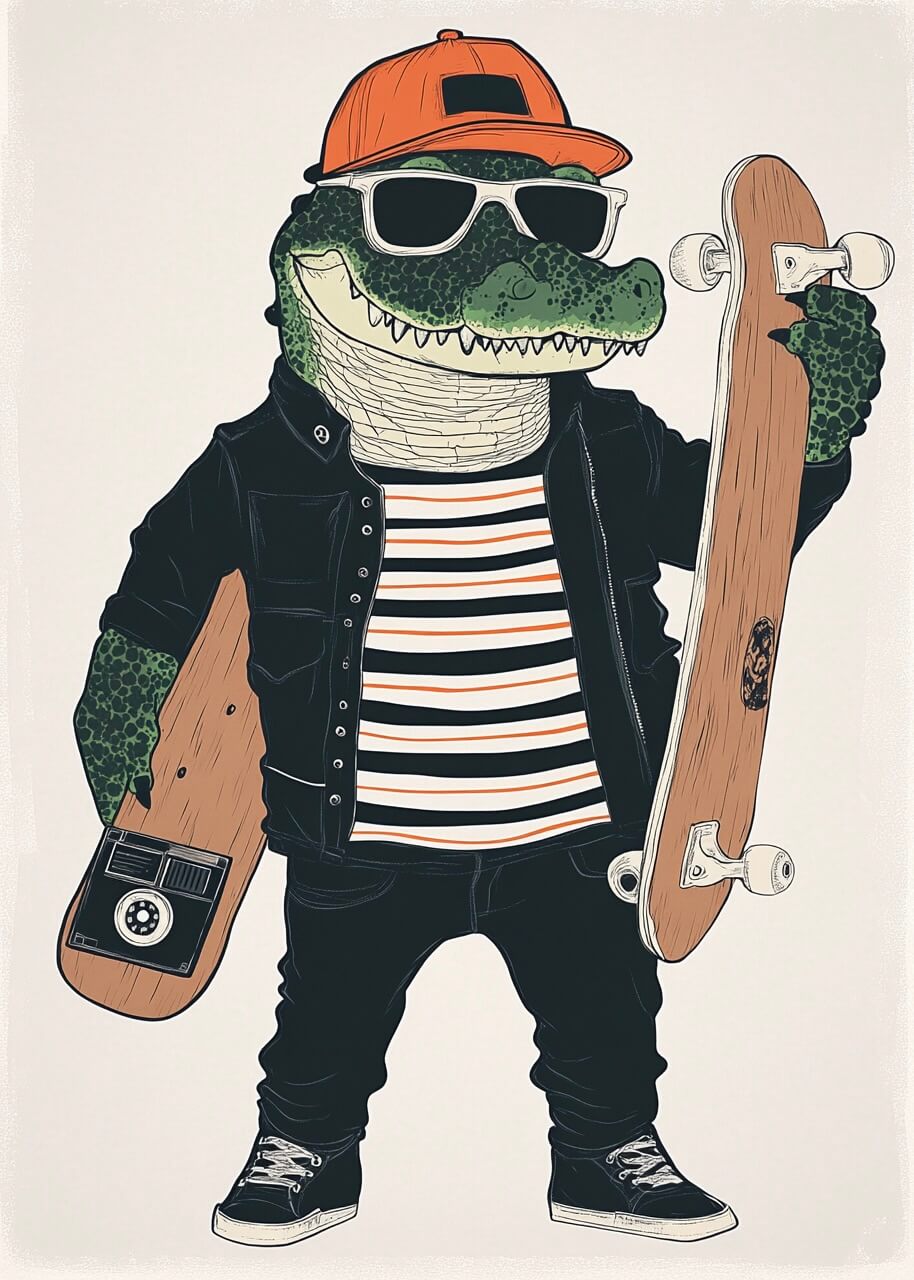 En cool tegneseriealligator fra Posters' "Smartass"-serie har solbriller, orange kasket, stribet skjorte, sort jakke, jeans og sneakers, mens den holder et skateboard og en ghettoblaster - den perfekte vægdekoration til ethvert ungdomsværelse.