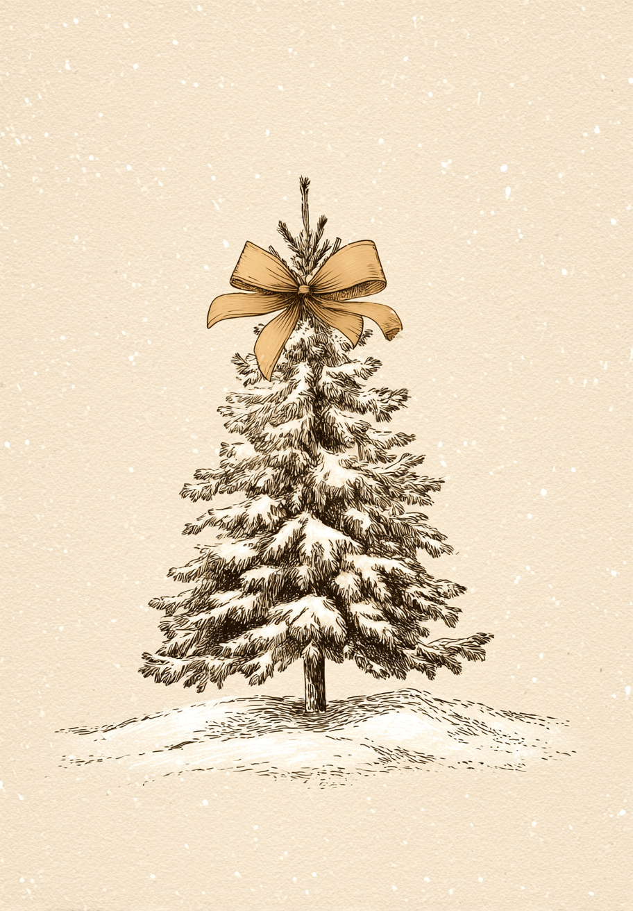 Sneklædt juletræ med sløjfe