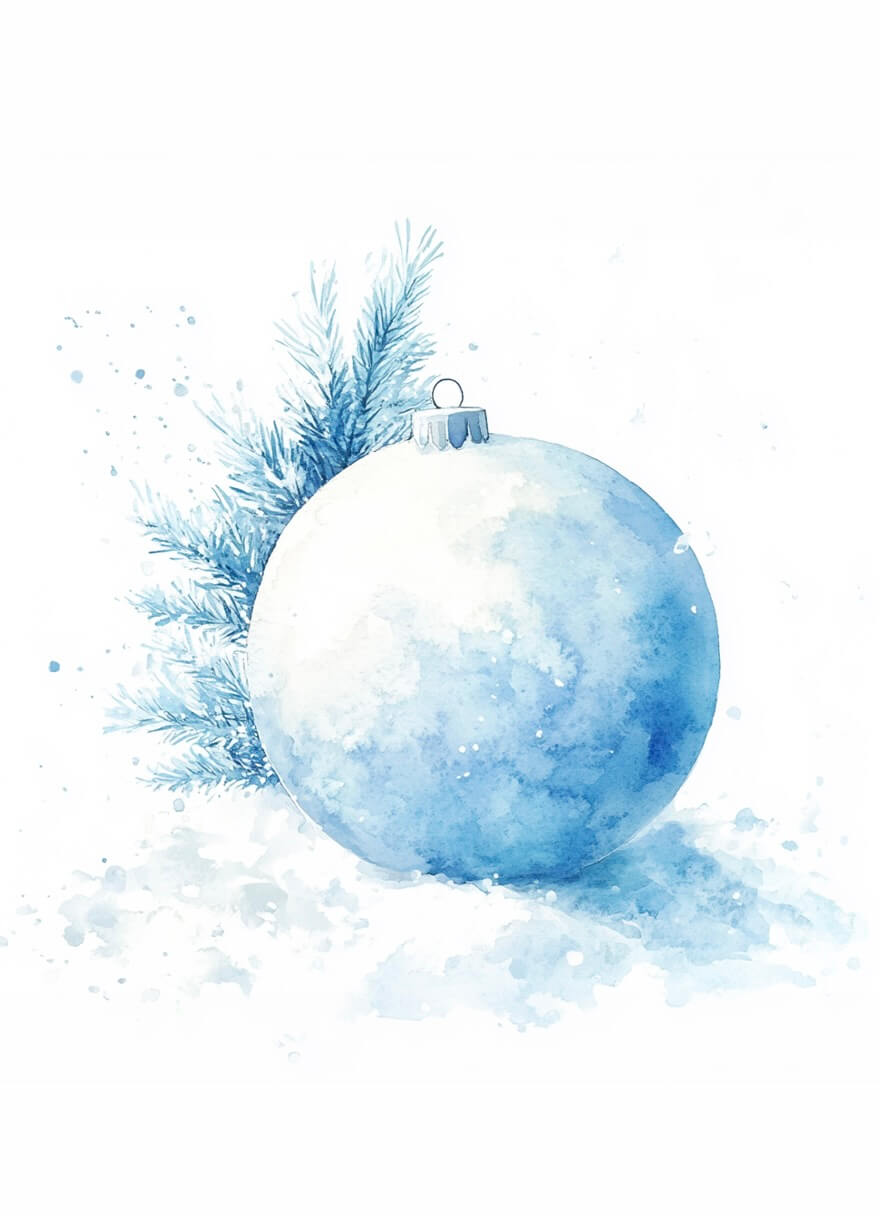 En akvarelillustration af Posters Snekugle-pynten, lyseblå og hvilende på snedækket jord med fyrretræsgrene bagved. Bløde, kølige toner skaber en vinterlig og festlig atmosfære.