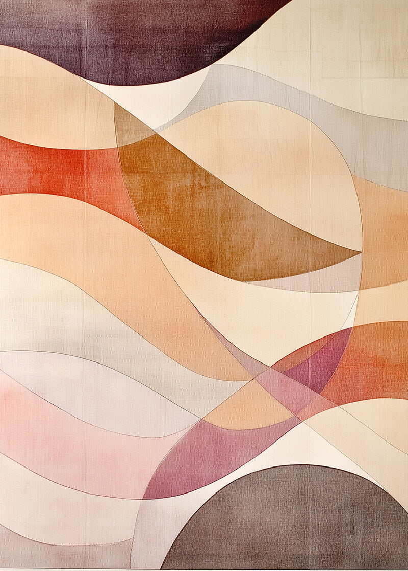 Plakaten "Snugness Flowing Lines" fra Posters viser abstrakte, buede former i beige, brun, orange og bordeaux. Dette minimalistiske print med glatte gradienter og bløde teksturer er ideelt til moderne indretning.