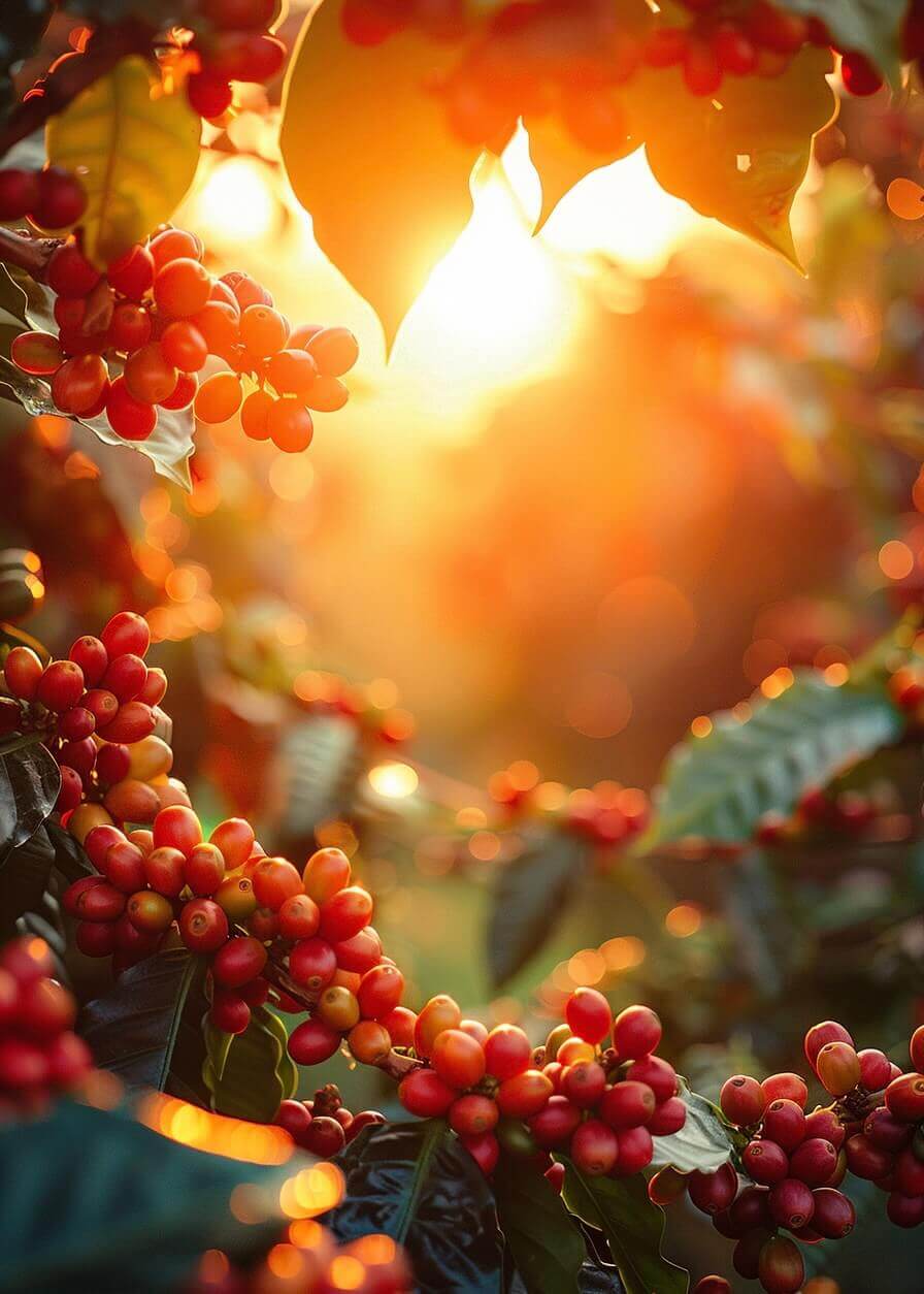 Solopgang på kaffefarmen" af Posters indfanger modne røde kaffekirsebær på grønne grene badet i gyldent sollys og skaber en levende scene - ideel til en plakat, der fejrer naturens skønhed.