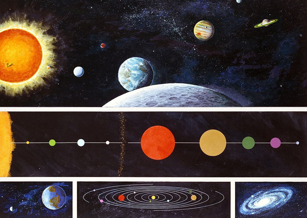 Solsystemet - plakat by Posters har en farverig illustration af solsystemet, der viser solen, planeterne, jordens måne, andre himmellegemer, planetariske opstillingsdiagrammer, baner og en spiralgalakse.